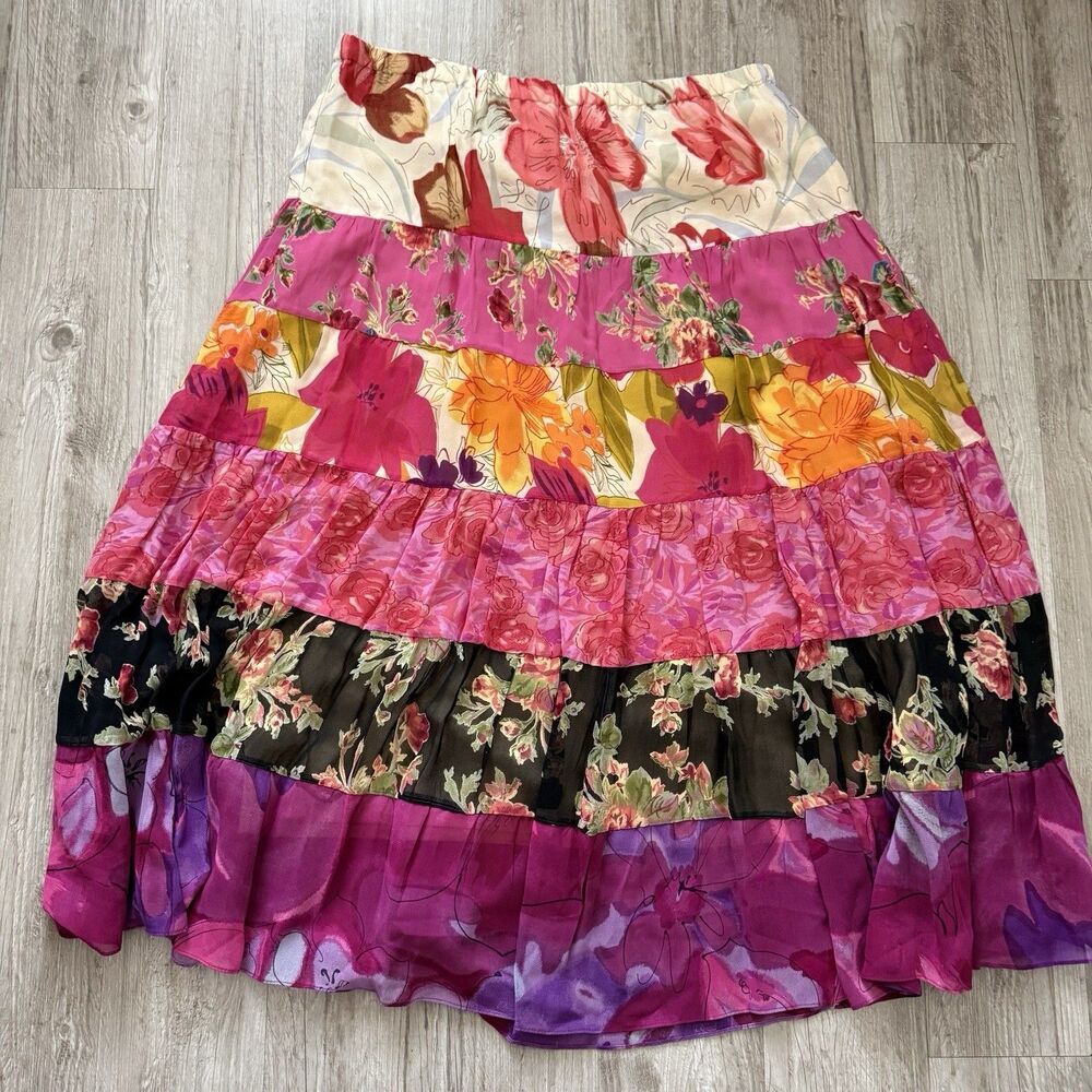 Coldwater Creek Patchwork Tiered Maxi Skirt Size 16 Multicolor Floral Boho Artsy